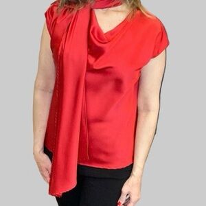 Renee C Satin Cowl Neck Blouse with Scarf Red NWT